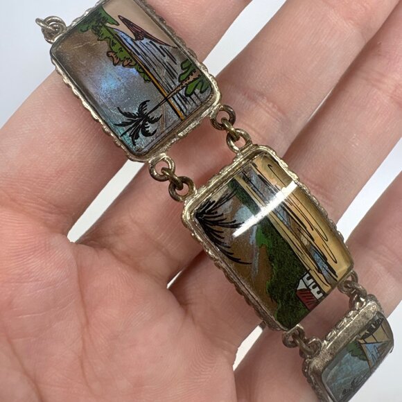 VTG 900 Silver Blue Morpho Butterfly Wings Hand Painted Tropical Scene Bracelet - Picture 2 of 12